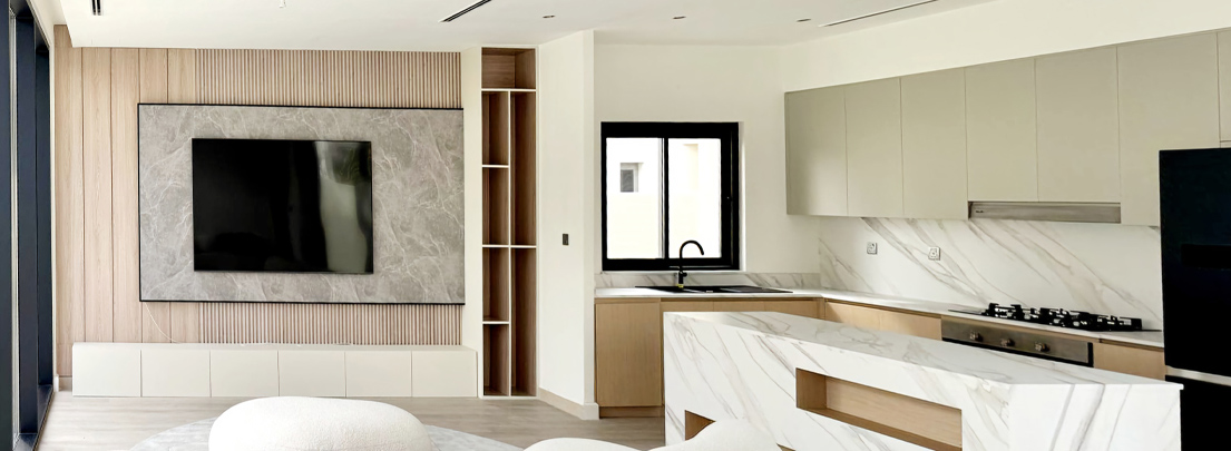 Custom media wall design with storage and lighting