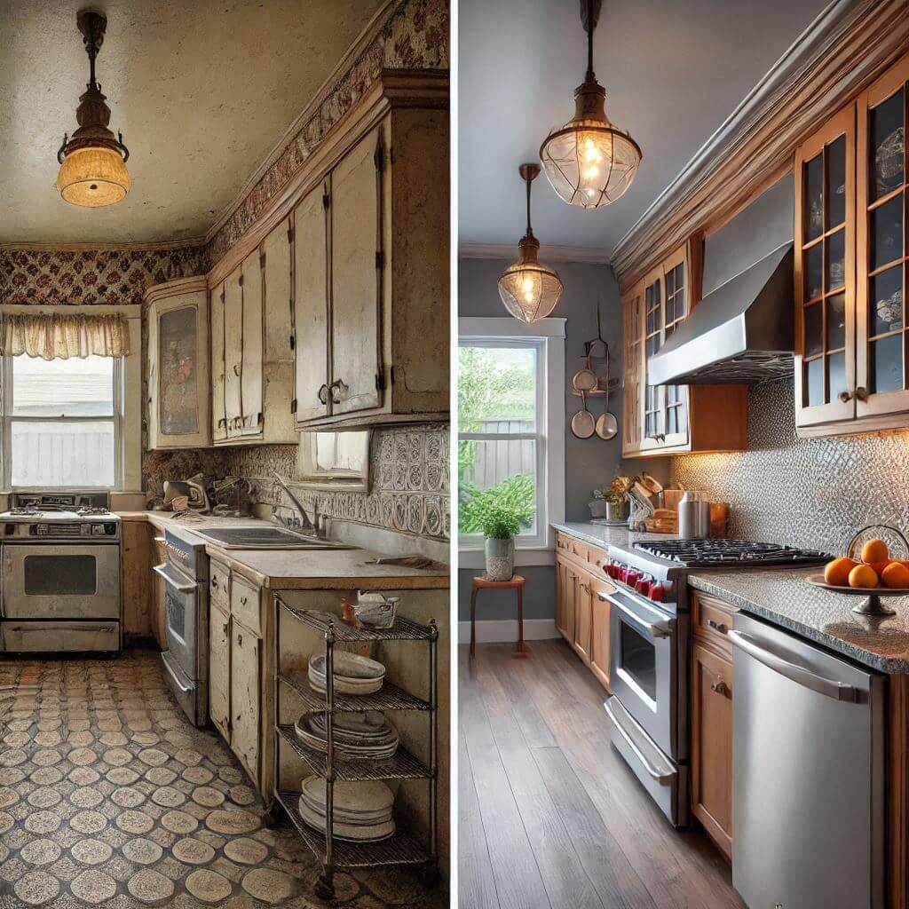 Ai generated image of a Kitchen renovation Before and After.